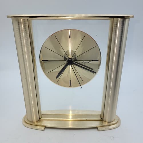 Avanti MCM Glass Freestanding Desk Mantle Clock Gold Tone Pillars Black Accents - Thumbnail 5