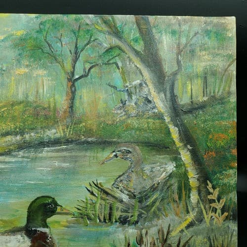 Mallards Oil Painting Orginal Landscape Blues Greens Signed Unframed 13.5" x 11" - Thumbnail 2