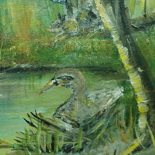 Mallards Oil Painting Orginal Landscape Blues Greens Signed Unframed 13.5" x 11" - Thumbnail 6