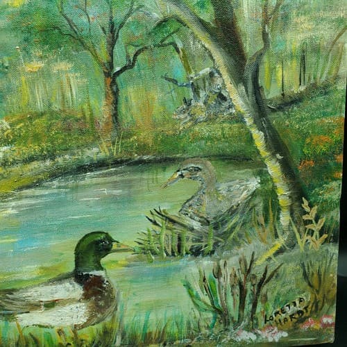 Mallards Oil Painting Orginal Landscape Blues Greens Signed Unframed 13.5" x 11" - Thumbnail 8