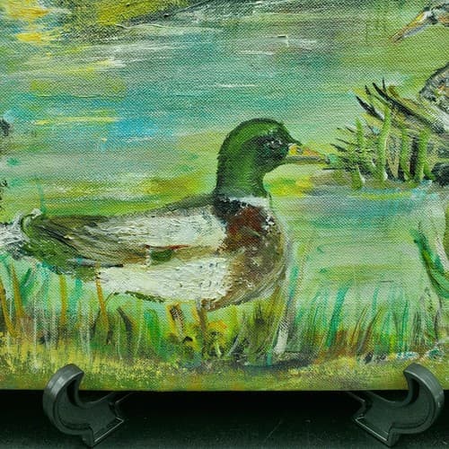 Mallards Oil Painting Orginal Landscape Blues Greens Signed Unframed 13.5" x 11" - Thumbnail 7