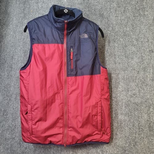 North Face Boys Reversible Vest Dark Red Navy XL 18/20 Nylon Fleece 3 Pockets