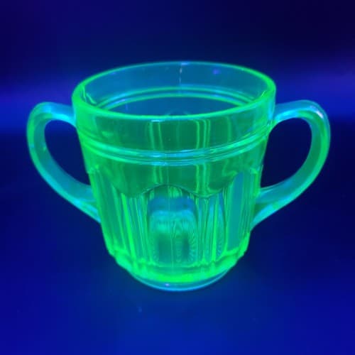 Green Uramium Glass Sugar Jam Bowl Anchor Hocking Double Handle Knife & Fork - Thumbnail 2