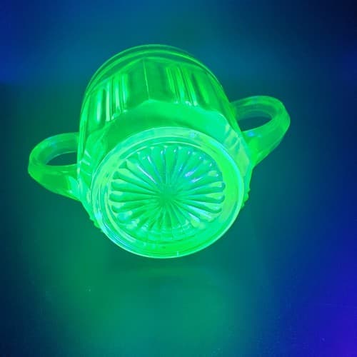 Green Uramium Glass Sugar Jam Bowl Anchor Hocking Double Handle Knife & Fork - Thumbnail 6