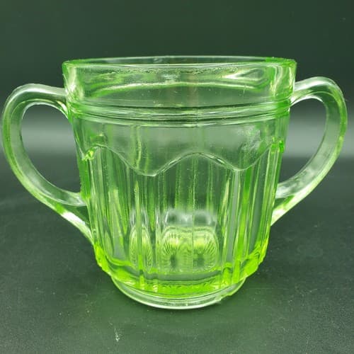 Green Uramium Glass Sugar Jam Bowl Anchor Hocking Double Handle Knife & Fork