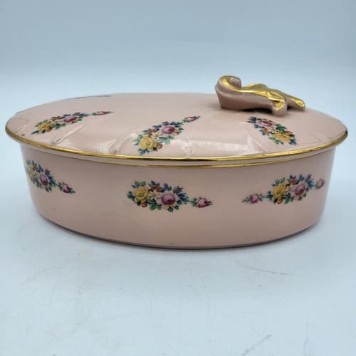 Vintage Oval Trinket Box Large Pale Pink Flowers Gold Trim Romantic Dresser Box