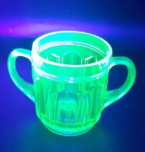 Green Uramium Glass Sugar Jam Bowl Anchor Hocking Double Handle Knife & Fork - Thumbnail 7