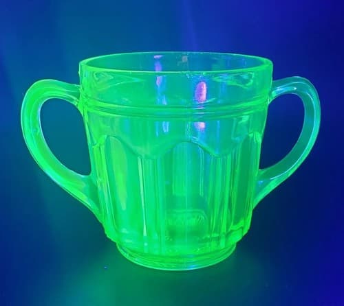 Green Uramium Glass Sugar Jam Bowl Anchor Hocking Double Handle Knife & Fork - Thumbnail 3