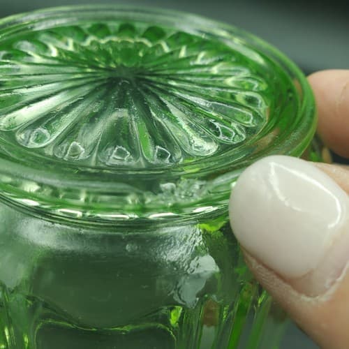 Green Uramium Glass Sugar Jam Bowl Anchor Hocking Double Handle Knife & Fork - Thumbnail 11
