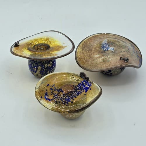 Vintage Mushrooms Art Glass Set 3 Small Snail Accent Blues Gold Handblown - Thumbnail 2