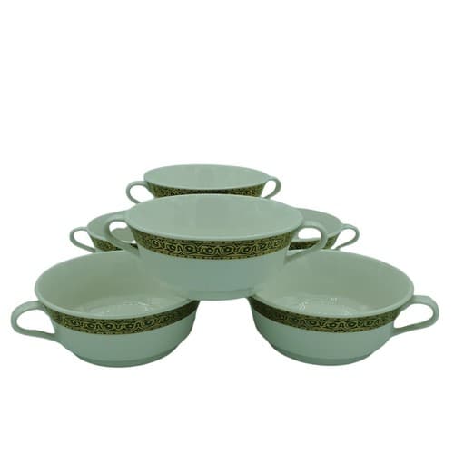 Shenango China Citation Double Handle Bowls Green Gold Restaurant Ware Set of 6