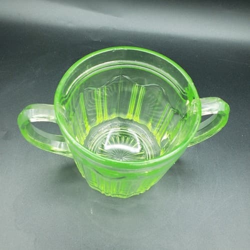 Green Uramium Glass Sugar Jam Bowl Anchor Hocking Double Handle Knife & Fork - Thumbnail 5