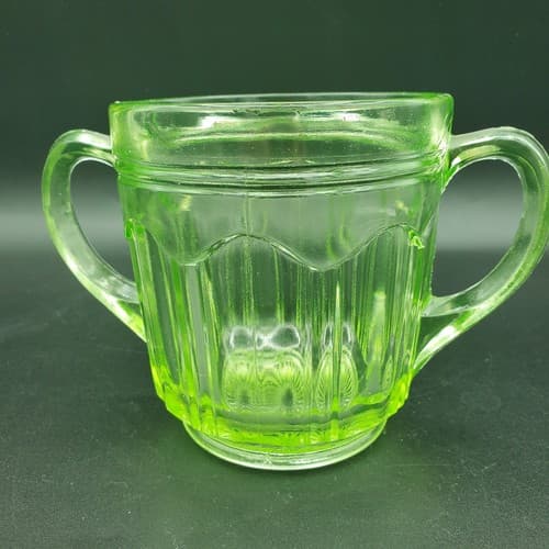 Green Uramium Glass Sugar Jam Bowl Anchor Hocking Double Handle Knife & Fork - Thumbnail 8