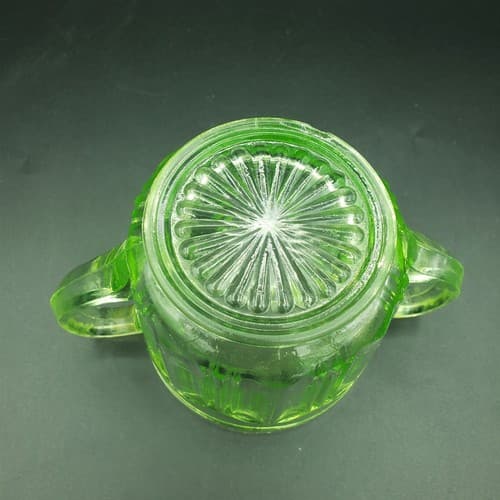 Green Uramium Glass Sugar Jam Bowl Anchor Hocking Double Handle Knife & Fork - Thumbnail 9