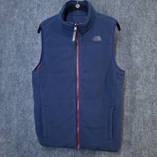 North Face Boys Reversible Vest Dark Red Navy XL 18/20 Nylon Fleece 3 Pockets - Thumbnail 2
