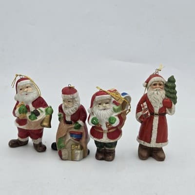 Vintage Lot 4 Santas Ceramic Bisque Ornaments Figurine Handpainted 4in