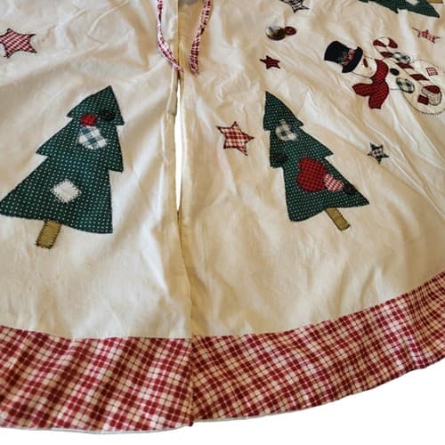 Christmas Tree Skirt 42" Cottagecore Applique Trees Snowmen Red Prima Creation - Thumbnail 6