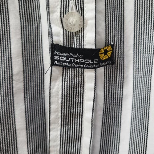 Southpole Mens Shirt Black White Stripe XL Cotton Gold Button Logo Authentic - Thumbnail 6