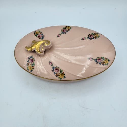 Vintage Oval Trinket Box Large Pale Pink Flowers Gold Trim Romantic Dresser Box - Thumbnail 4