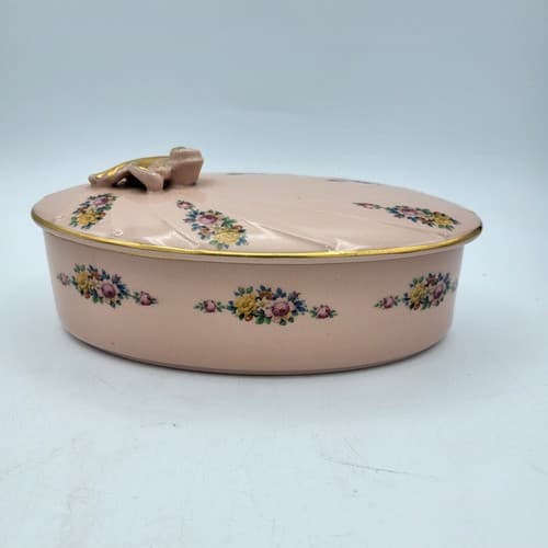 Vintage Oval Trinket Box Large Pale Pink Flowers Gold Trim Romantic Dresser Box - Thumbnail 2