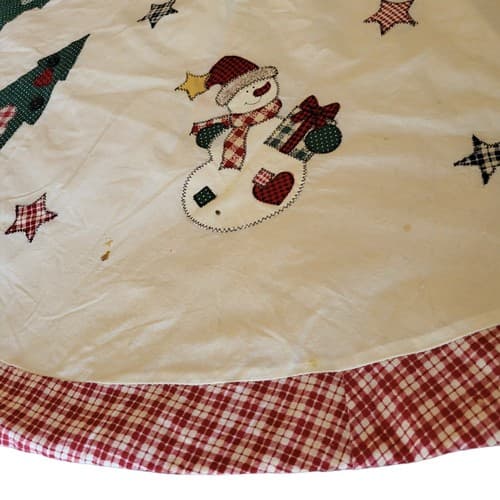 Christmas Tree Skirt 42" Cottagecore Applique Trees Snowmen Red Prima Creation - Thumbnail 5