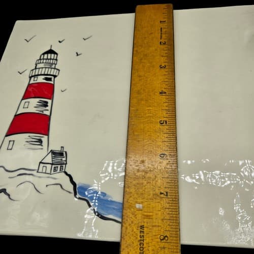 Art Pottery Serving Plate Lighthouse Built In Handle Signed Shell Knife - Thumbnail 9