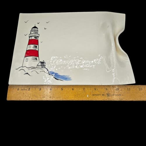 Art Pottery Serving Plate Lighthouse Built In Handle Signed Shell Knife - Thumbnail 8