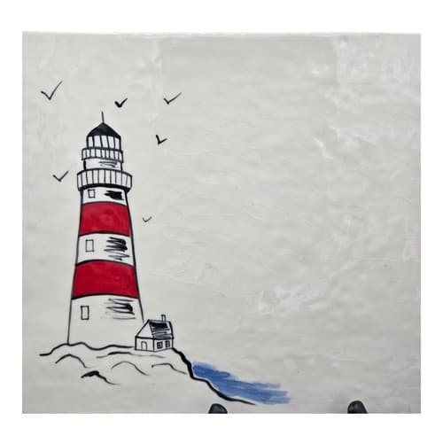 Art Pottery Serving Plate Lighthouse Built In Handle Signed Shell Knife - Thumbnail 6