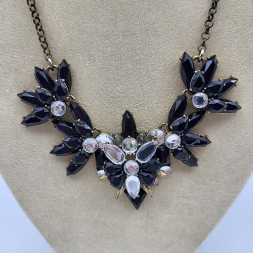 J. Crew Crystal Rhinestone & Black Marquis Necklace Gold Tone 20" Signed - Thumbnail 2