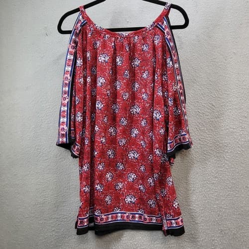 Suzanne Betro Weekend Womens Top Tunic Plus Red 1X Cold Shoulder Floral Spring - Thumbnail 2