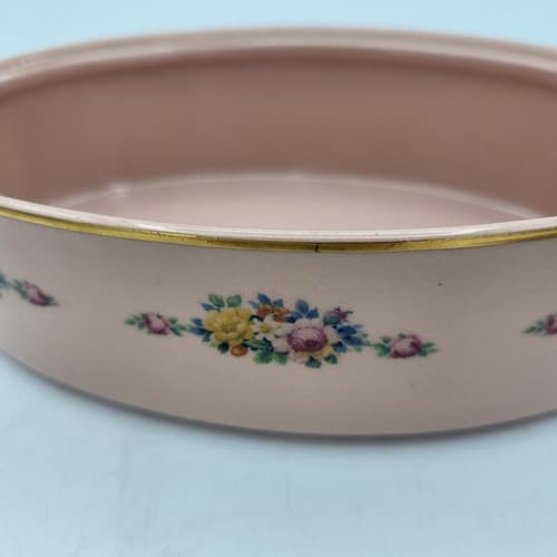 Vintage Oval Trinket Box Large Pale Pink Flowers Gold Trim Romantic Dresser Box - Thumbnail 7