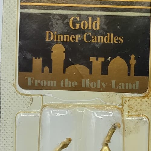 Holy Land Dinner Candles Two 10in Gold Tapers New in Package Made in Israel NOS - Thumbnail 2