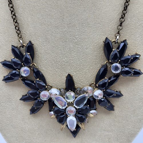 J. Crew Crystal Rhinestone & Black Marquis Necklace Gold Tone 20" Signed - Thumbnail 3