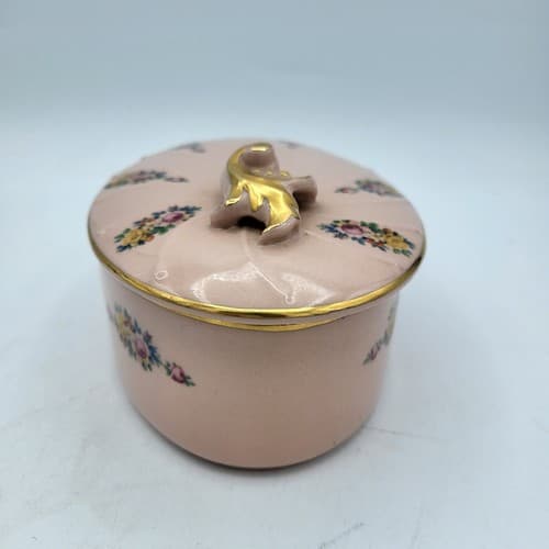 Vintage Oval Trinket Box Large Pale Pink Flowers Gold Trim Romantic Dresser Box - Thumbnail 3
