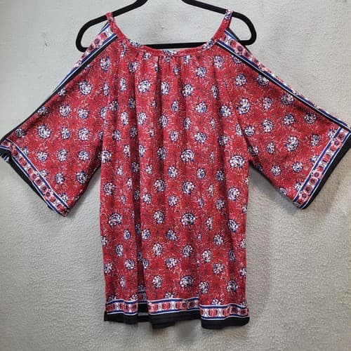 Suzanne Betro Weekend Womens Top Tunic Plus Red 1X Cold Shoulder Floral Spring - Thumbnail 3