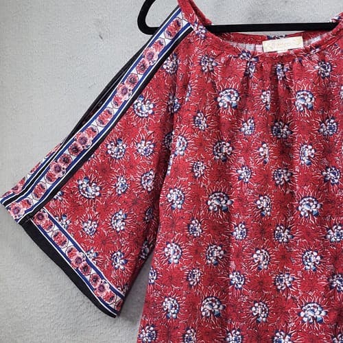 Suzanne Betro Weekend Womens Top Tunic Plus Red 1X Cold Shoulder Floral Spring - Thumbnail 6