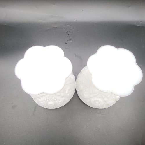 Vintage Kemple White Milk Glass Footed Compote Pair Hobstar Pattern Candy Dishes - Thumbnail 6