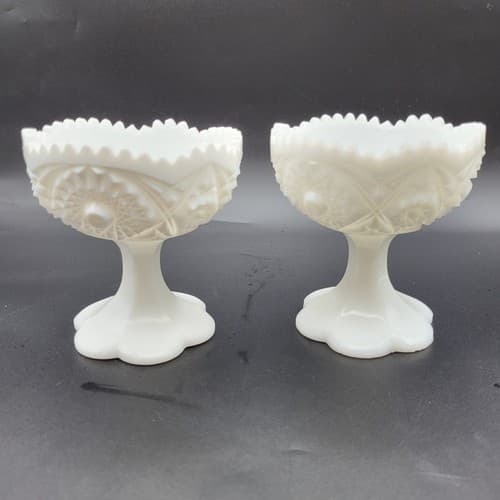 Vintage Kemple White Milk Glass Footed Compote Pair Hobstar Pattern Candy Dishes