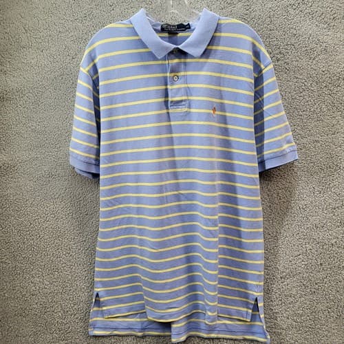 POLO Ralph Lauren Mens Shirt Vintage Blue XL Stripe Yellow 90s Cotton Pique
