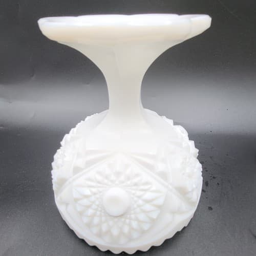 Vintage Kemple White Milk Glass Footed Compote Pair Hobstar Pattern Candy Dishes - Thumbnail 5