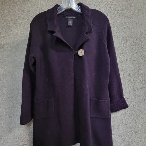 Elena Solano Womens Sweater Purple M Lambs Wool Cardigan Open Pockets One Button - Thumbnail 4