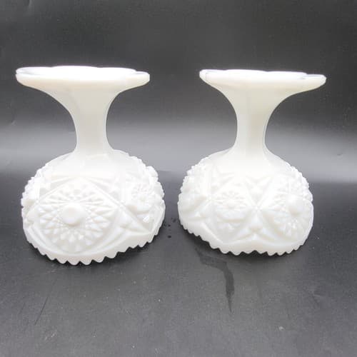 Vintage Kemple White Milk Glass Footed Compote Pair Hobstar Pattern Candy Dishes - Thumbnail 4