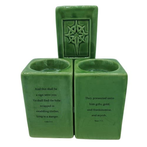 Christmas Tea Lights Pillar Candleholder Set 3 Square Green Scripture Wise Men - Thumbnail 3