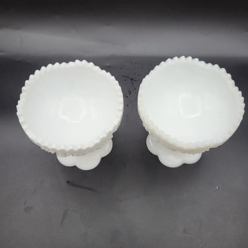 Vintage Kemple White Milk Glass Footed Compote Pair Hobstar Pattern Candy Dishes - Thumbnail 2