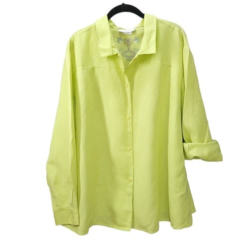 Susan Graver Womens Blouse Jacket Green 2X Linen Rayon Blend Embroidered - Thumbnail 5