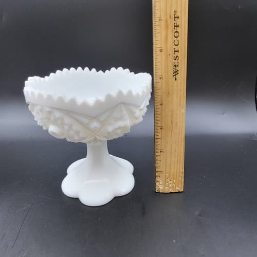 Vintage Kemple White Milk Glass Footed Compote Pair Hobstar Pattern Candy Dishes - Thumbnail 8