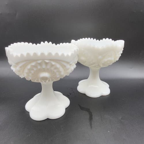 Vintage Kemple White Milk Glass Footed Compote Pair Hobstar Pattern Candy Dishes - Thumbnail 3