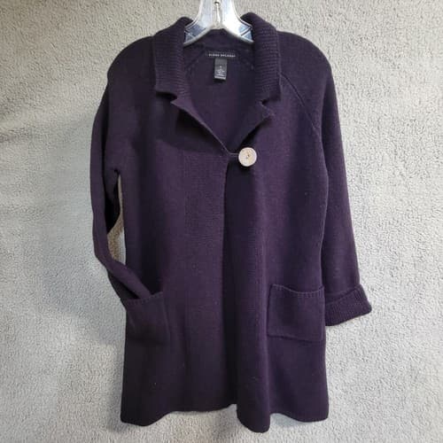 Elena Solano Womens Sweater Purple M Lambs Wool Cardigan Open Pockets One Button - Thumbnail 2