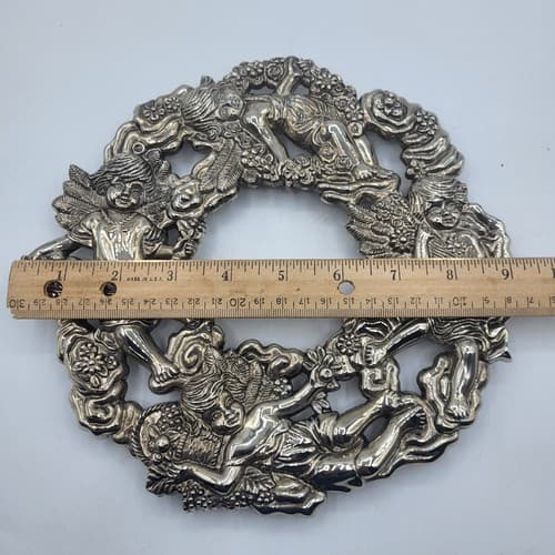 Christmas Cherb Trivet Silverplate Wall Art Round Rubber Tip Feet MCM - Thumbnail 8