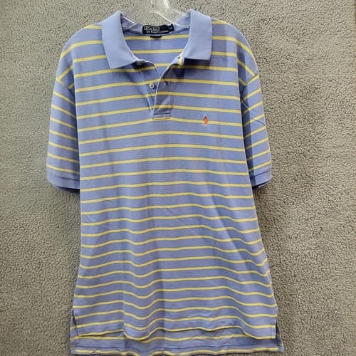 POLO Ralph Lauren Mens Shirt Vintage Blue XL Stripe Yellow 90s Cotton Pique - Thumbnail 4